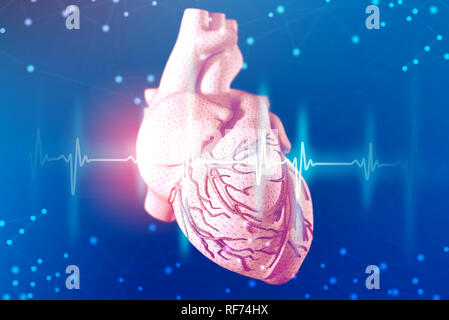 3D-Illustration des menschlichen Herzens und Elektrokardiogramm mit mesh Textur Modellierung auf abstrakte futuristischen blauen Hintergrund. Konzept der digitalen Technologien in mir Stockfoto