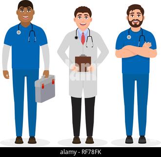 Ärzte in der medizinischen Uniform gekleidet, drei glückliche Zeichen in Flat, professionelle Beschäftigung Vector Illustration Stock Vektor