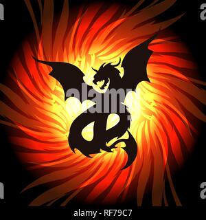 Silhouette der Drache auf Feuer Flamme Hintergrund. Vector Illustration. Stock Vektor