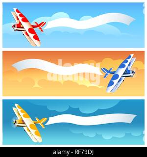 Der Doppeldecker Flugzeug mit Werbung Banner auf verschiedenen Himmel Hintergrund. Vector Illustration. Stock Vektor