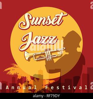 Retro Jazz Festival Plakat mit dem Trompeter Silhouette am Sonnenuntergang im städtischen Hintergrund. Vector Illustration Stock Vektor