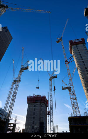 Baukräne, Circle Square Manchester, North West England, Großbritannien Stockfoto