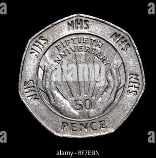 UK commemorative 50 Pence Münze feiert die National Health Service. Stockfoto