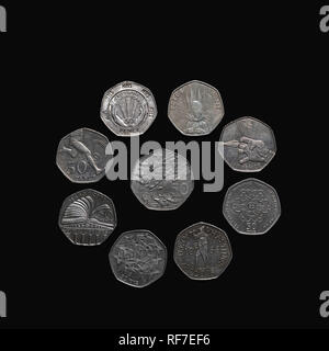 Sammlung von gedenkmünzen UK 50 Cent Münzen. Stockfoto