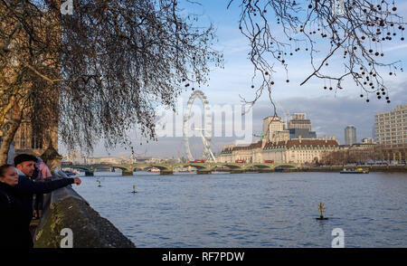 Blick auf das London Eye Attraktion aus dem Houses of Parliament in Westminster UK Stockfoto