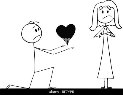 Cartoon von Mann auf Knien die Herzen seiner Frau der Liebe, aber sie weist Stock Vektor