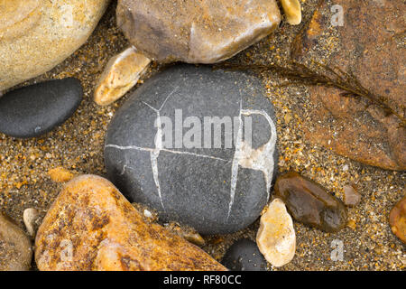 In der Nähe von Grau und Gelb Kieselsteine mit Chrystal Linien liegen auf einem Sandstrand im Süden des Vereinigten Königreichs Stockfoto