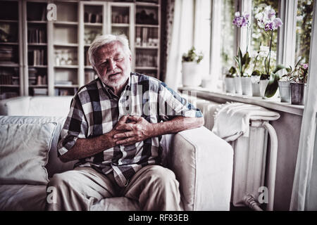 Ältere Mann leidet unter Schmerzen in der Brust Stockfoto
