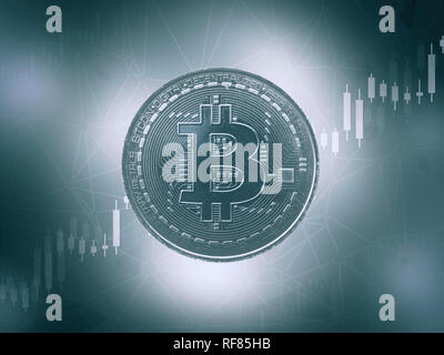 Bitcoins und Neuen virtuellen Geld Konzept. Blau bitcoin mit Kerze stick Grafik Stockfoto