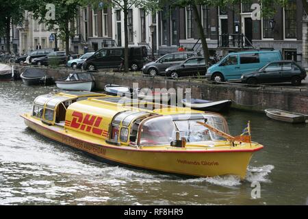 Kurierdienst DHL Kanal Boot, Amsterdam, Niederlande, Europa Stockfoto