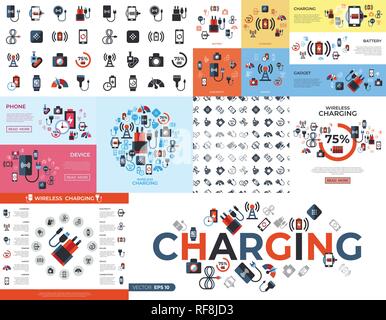 Digitale Vektor drahtlose Aufladen Symbole mit gezogenen Simple Line Art info Grafik fest, Flacher Stil Stock Vektor