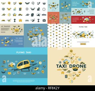 Digitale Vektor flying Taxi drone Icon Set pack Abbildung, einfache Linie flacher Stil Stock Vektor