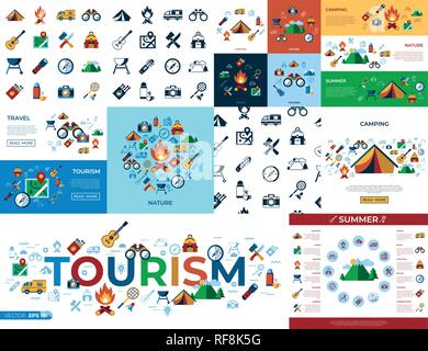 Digitale vektor Sommer Camping Sport einfache Symbole Sammlung Flat Style Infografiken eingestellt Stock Vektor