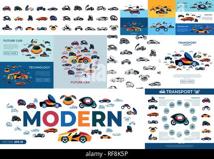 Digitale vektor Future Car Konzept einfache Symbole set collection Flat Style Infografiken Stock Vektor