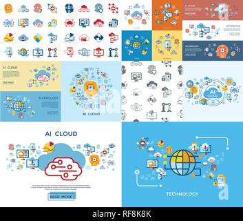 Digitale Vektor künstliche Intelligenz cloud Symbole Infografiken eingestellt Stock Vektor