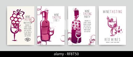 Sammlung von Vorlagen mit Wein Designs. Broschüren, Plakate, Einladungskarten, promotion Banner, Menüs. Wein Flecken. CMYK-Farben. Vektor illustrati Stock Vektor