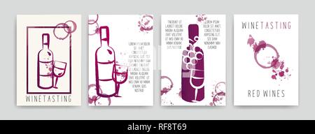 Sammlung von Vorlagen mit Wein Designs. Broschüren, Plakate, Einladungskarten, promotion Banner, Menüs. Wein Flecken. CMYK-Farben. Vektor illustrati Stock Vektor