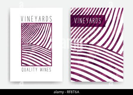 Vorlagen mit Wein Designs. Zeichnung der Zeilen von Weinbergen mit Wein Flecken. Broschüren, Plakate, Einladungskarten, Werbemittel, Banner, Menüs, Buch cov Stock Vektor