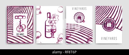 Sammlung von Vorlagen mit Wein Designs. Broschüren, Plakate, Einladungskarten, promotion Banner, Menüs. Wein Flecken Hintergrund. Vector Illustration Stock Vektor