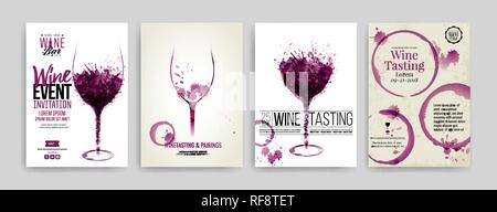 Sammlung von Vorlagen mit Wein Designs. Broschüren, Plakate, Einladungskarten, promotion Banner, Menüs. Wein Flecken, fällt. Illustrationen von Wein Stock Vektor