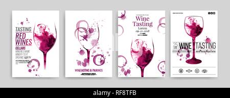 Sammlung von Vorlagen mit Wein Designs. Broschüren, Plakate, Einladungskarten, promotion Banner, Menüs. Wein Flecken, fällt. Illustrationen von Wein Stock Vektor