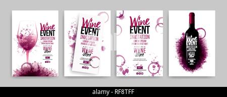 Sammlung von Vorlagen mit Wein Designs. Broschüren, Plakate, Einladungskarten, promotion Banner, Menüs. Wein Flecken Hintergrund. Vector Illustration Stock Vektor