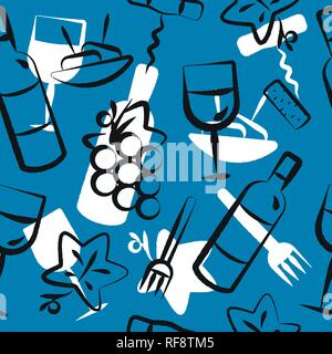 Hintergrund nahtlose Muster mit Wein und Vorspeisen essen Symbole. Die Symbole mit der Pinselstriche. CMYK-Farbe. Vector Illustration. Stock Vektor