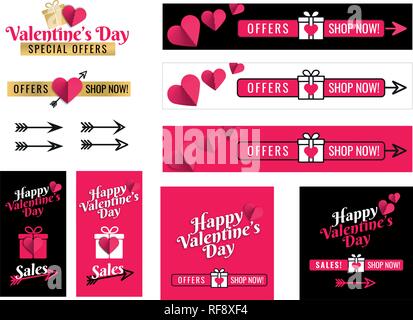 Banner für Social Media Valentines Tag. Text Grafik Design mit Herz, Geschenk Paket und Liebe Pfeile. Für Banner, Broschüren, Flyer. Vektor hea Stock Vektor