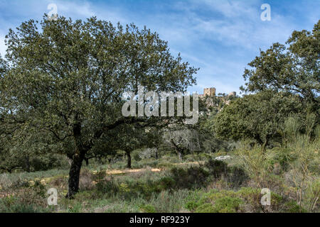 Blick auf das Schloss von der Monfrague Nationalpark in der Provinz Caceres in der Extremadura Spanien Stockfoto