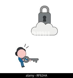 Vector Illustration Geschäftsmann Charakter Gedrückthalten der Taste und suchen Vorhängeschloss auf Cloud. Farbe und schwarzen Umrissen. Stock Vektor