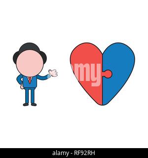 Vector Illustration Geschäftsmann Charakter mit angeschlossenen Herz puzzle Stücke. Farbe und schwarzen Umrissen. Stock Vektor