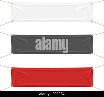Schwarz, Weiß und Rot Textil Banner mit Falten, auf weißem Hintergrund. Leere hängenden Stoff Vorlage festlegen. Vector Illustration Stock Vektor