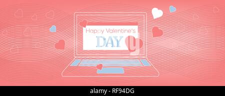 Vector Illustration Laptop mit Happy Valentine's Day Karte auf dem Coral wellig, geometrischen Hintergrund. Flyer oder Einladung Vorlage, Abdeckung der Website. Stock Vektor