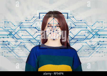 Junge kaukasier Frau Gesichtserkennung System. Futuristische Technologie face Id 3D-Scannen Konzept. Biometrische Verifikation und Erkennung. Menschliche identi Stockfoto