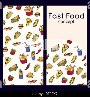 Vektor Logo Design Template und nahtlose Muster in doodle Style für Verpackungen. Fast food Konzept. Vector Illustration Stock Vektor