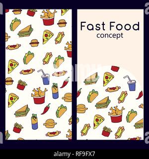 Vektor Logo Design Template und nahtlose Muster in doodle Style für Verpackungen. Fast food Konzept. Vector Illustration Stock Vektor