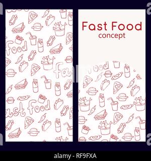 Vektor Logo Design Template und nahtlose Muster in doodle Style für Verpackungen. Fast food Konzept. Vector Illustration Stock Vektor