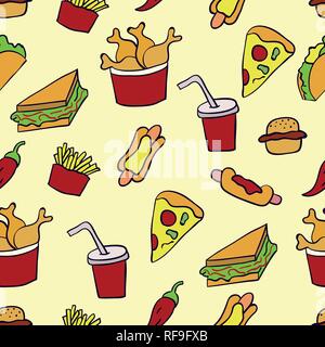 Doodle Abbildung: Fast Food. Nahtlose Muster mit Junk Food. Hand gezeichnet Vector Illustration im Cartoon Stil. Hamburger, Hot-dog, Französisch fr Stock Vektor