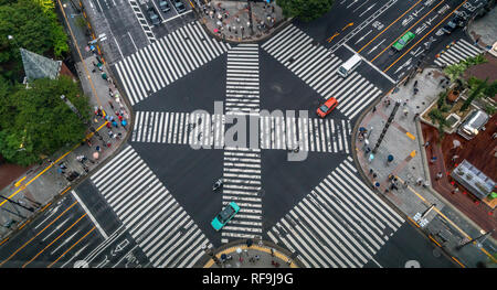 Tokio, Chuo Station - 13. August 2018: Tagsüber regnerischen Tag Luftbild von Harumi Dori Straße überqueren und von der Oberseite der Tokyu Plaza Ginza Mall Stockfoto