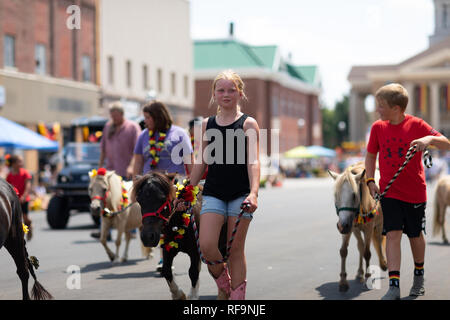 Jasper, Indiana, USA - August 5, 2018: Das Strassenfest Parade, junge Mädchen zu Fuß ihr Mini Pferd auf der Straße Stockfoto