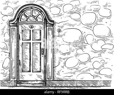 Skizze Hand gezeichnet Alte alte Holztür in Stein Wand Vector Illustration Stock Vektor