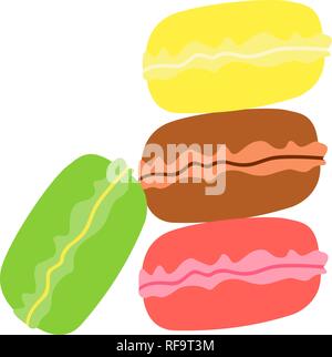 Makronen vier Farbe: pink, braun, grün, gelb. Almond Cookies von anderen Geschmack und Farbe auf weißem Hintergrund. Vector Illustration, EPS 1. Stock Vektor