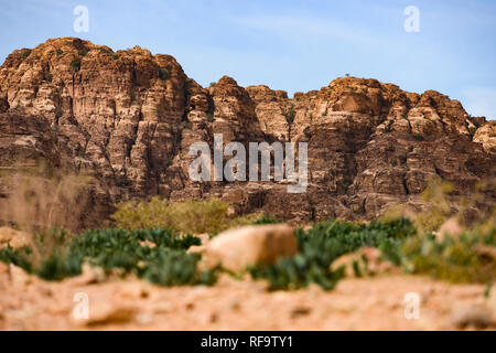 Tolle Aussicht auf einen wunderschönen Canyon in Petra mit felsigen Berge in der Ferne. Stockfoto