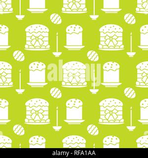 Nahtlose Muster mit Ostern Kuchen, Kerze, verzierten Eiern. Frohe Ostern. Festliche Hintergrund. Design für Banner, Poster oder Drucken. Stock Vektor