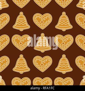 Nahtlose Muster mit Lebkuchen Glocken und Herzen. Urlaub Hintergrund. Design für Banner, Poster-, Textil-, drucken. Stock Vektor