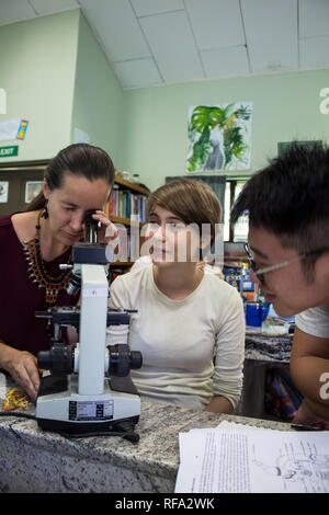 Ein Foto von einer Lehrerin, zwei internationale Studenten mit einem Mikroskop. Die Untersuchung einer biologischen Probe in einer Biologie Klasse. Stockfoto