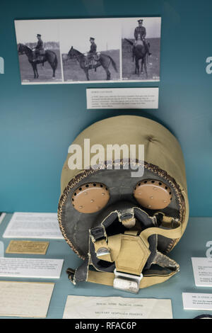 Museum der militärischen Medizin, Keogh Kasernen, Mytchett, Surrey, Großbritannien. Ein Pferd Gasmaske aufweisen. Stockfoto