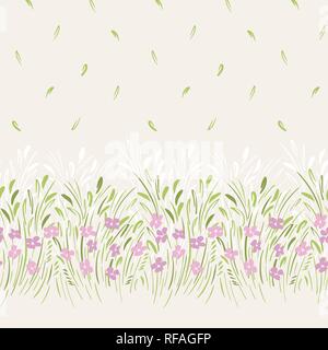 Feminine abstrakten gestischen Streublümchen floral Vektor nahtlose horizontale Grenze und Muster. Einfache kleine Hand gezeichnet pastellfarbenen Blüten Hintergrund. Min. Stock Vektor