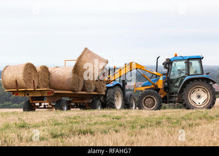 Traktor sammeln Heuballen auf einem Bauernhof in Großbritannien Stockfoto