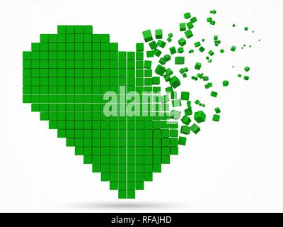 In Herzform, auflösen Datenbaustein. Mit grünen Würfel. 3D-Pixel style Vector Illustration. Stock Vektor